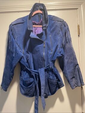 Yessica Vintage Royal Blue Suede Fringe Belted Biker Western 
Jacket
